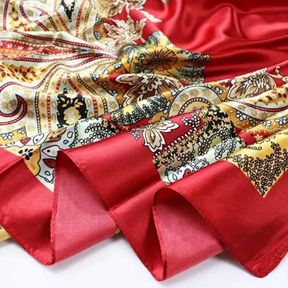 NWOT Large Red Floral Silk Scarf Head Wrap 35 inch x 35 inch - Picture 3 of 3